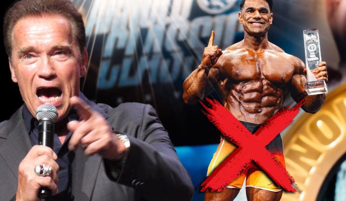 no board shorts Schwarzenegger slams Men's Physique